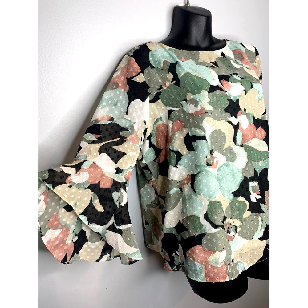 Kasper Blouse 3/4 Bell Sleeve Printed Clip Dot Blouse Nordstrom Women's M/L - Picture 2 of 7